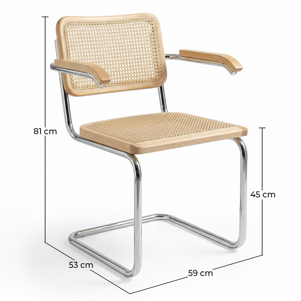 Chaise de salle à manger avec accoudoirs - Design vintage - Bois et rotin - Bruna