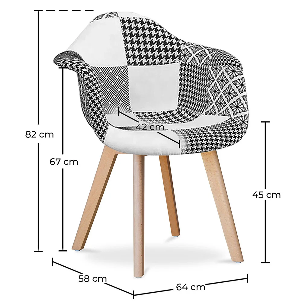 Dining Chair with Armrests - Upholstered in Patchwork - Black and White - Dominic image 10