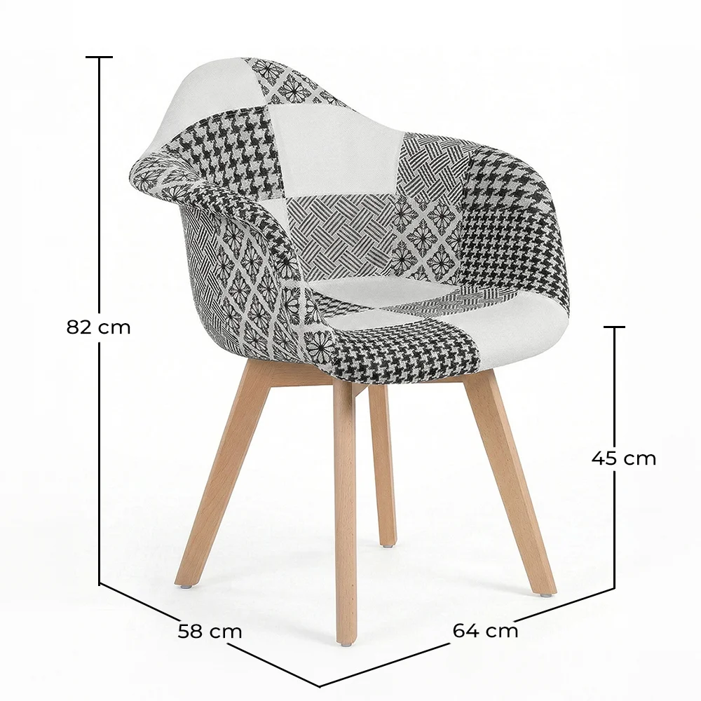 Dining Chair with Armrests - Upholstered in Patchwork - Black and White - Dominic image 10
