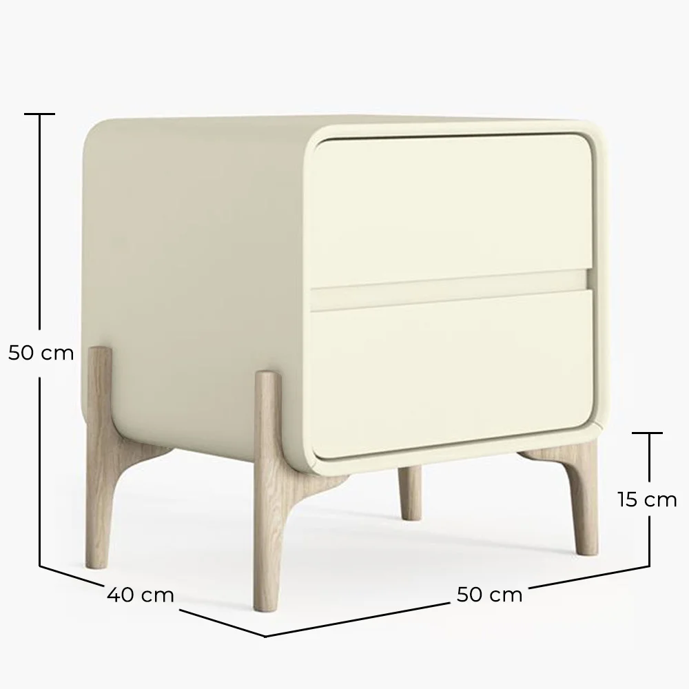 Modern Scandi nightstand covered in faux leather with 2 drawers and natural wood legs - Bennis image 10