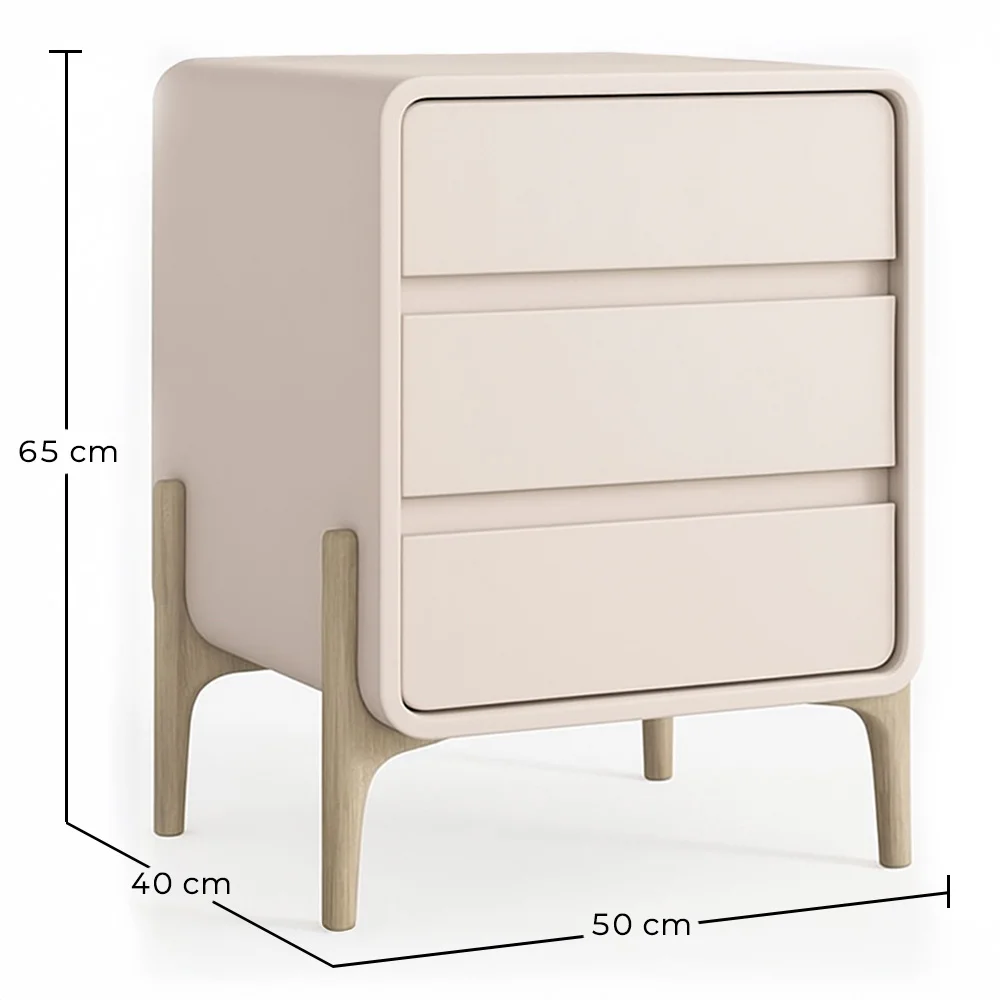 Modern Scandi nightstand covered in faux leather with 3 drawers and natural wood legs - Bennis image 10
