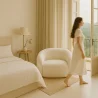 Modern Armchair Upholstered In Cream White Bouclé Fabric – Curved And Comfortable Design - Gab image 7