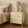 Modern Scandi nightstand covered in faux leather with 3 drawers and natural wood legs - Bennis image 7