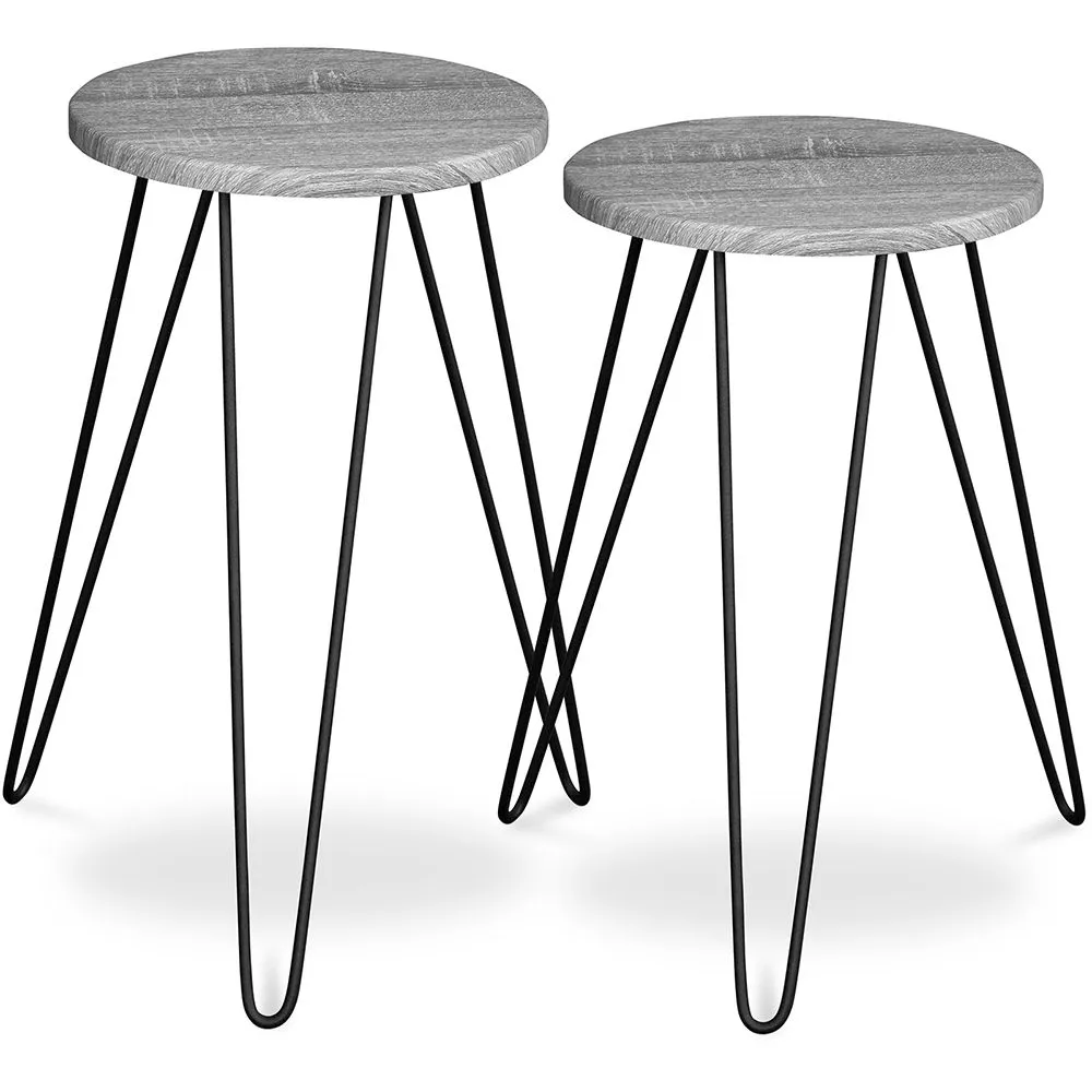 Set of 2 Side Tables - Industrial Design - Wood and Metal - Hairpin image 8