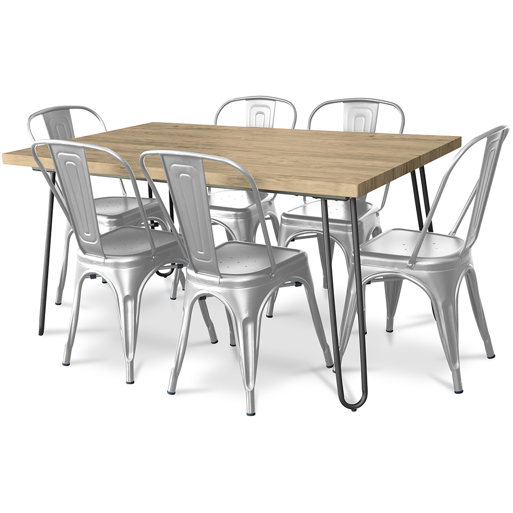 Buy Pack Dining Table - Industrial Design 150cm + Pack of 6 Dining Chairs - Industrial Design - Hairpin Stylix Silver 59922 - in the EU