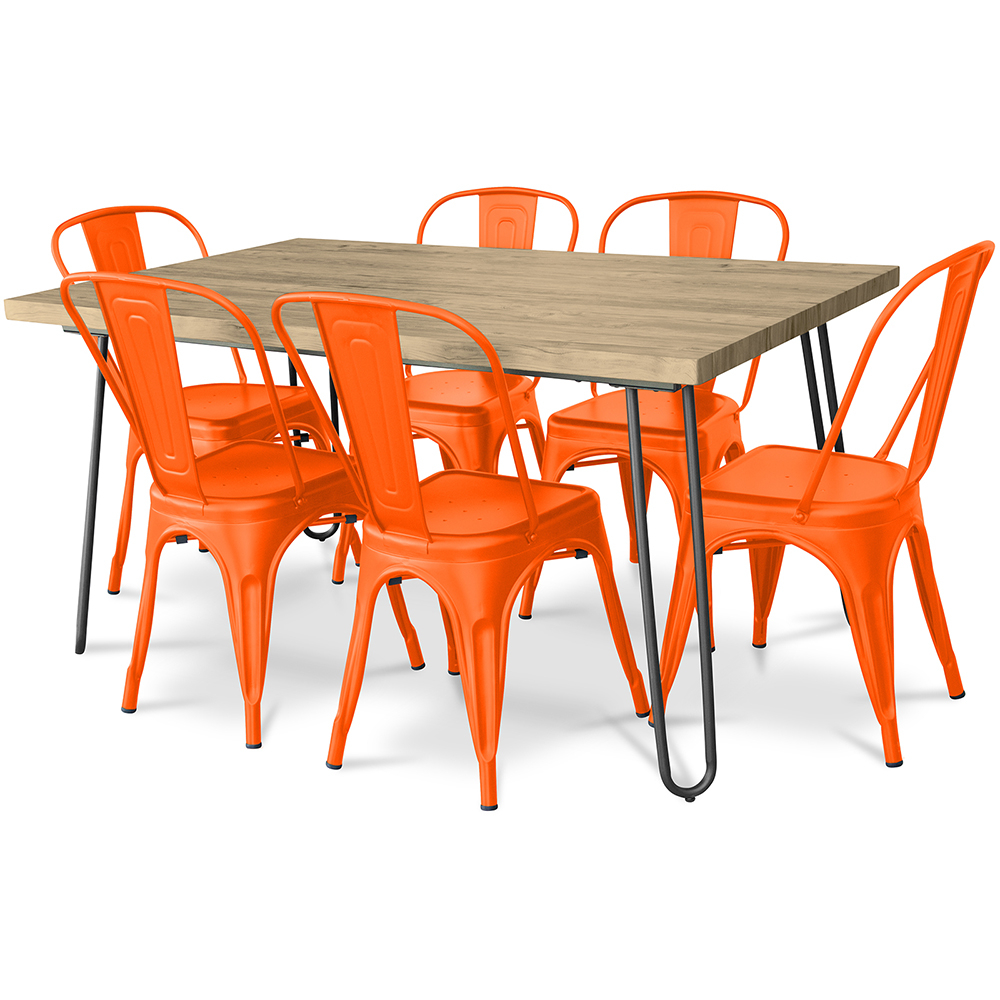  Buy Pack Dining Table - Industrial Design 150cm + Pack of 6 Dining Chairs - Industrial Design - Hairpin Stylix Orange 59922 - in the EU