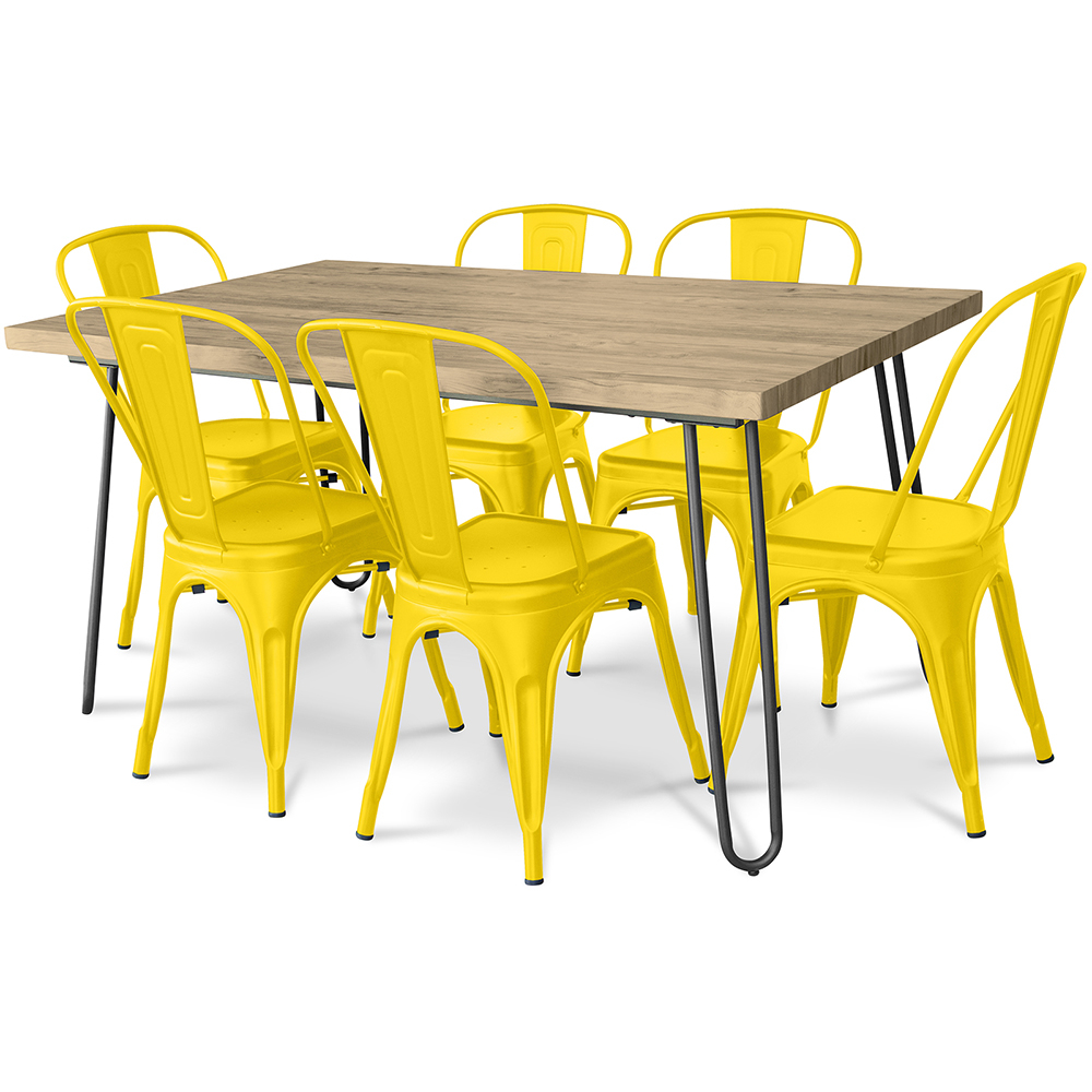  Buy Pack Dining Table - Industrial Design 150cm + Pack of 6 Dining Chairs - Industrial Design - Hairpin Stylix Yellow 59922 - in the EU