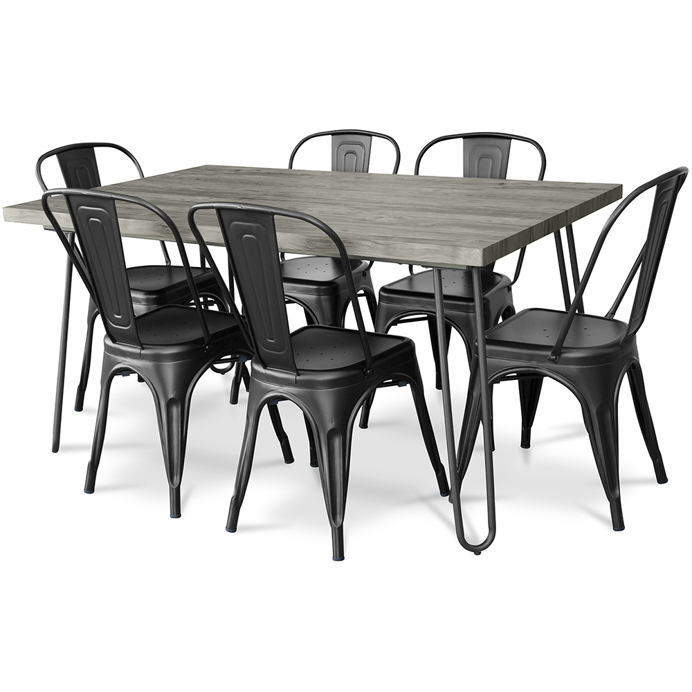  Buy Pack Dining Table - Industrial Design 150cm + Pack of 6 Dining Chairs - Industrial Design - Hairpin Stylix Black 59924 - in the EU