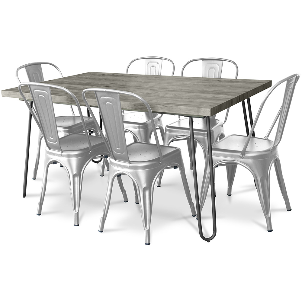  Buy Pack Dining Table - Industrial Design 150cm + Pack of 6 Dining Chairs - Industrial Design - Hairpin Stylix Silver 59924 - in the EU