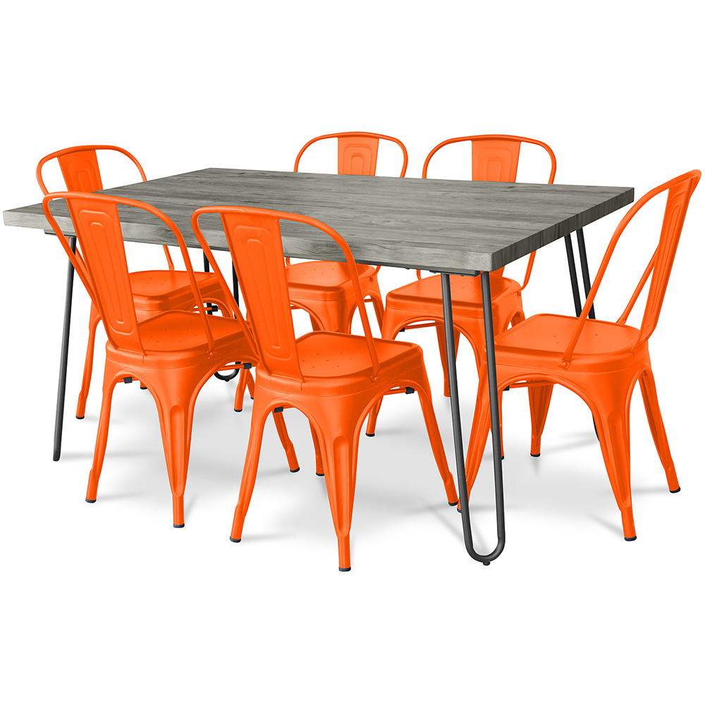  Buy Pack Dining Table - Industrial Design 150cm + Pack of 6 Dining Chairs - Industrial Design - Hairpin Stylix Orange 59924 - in the EU