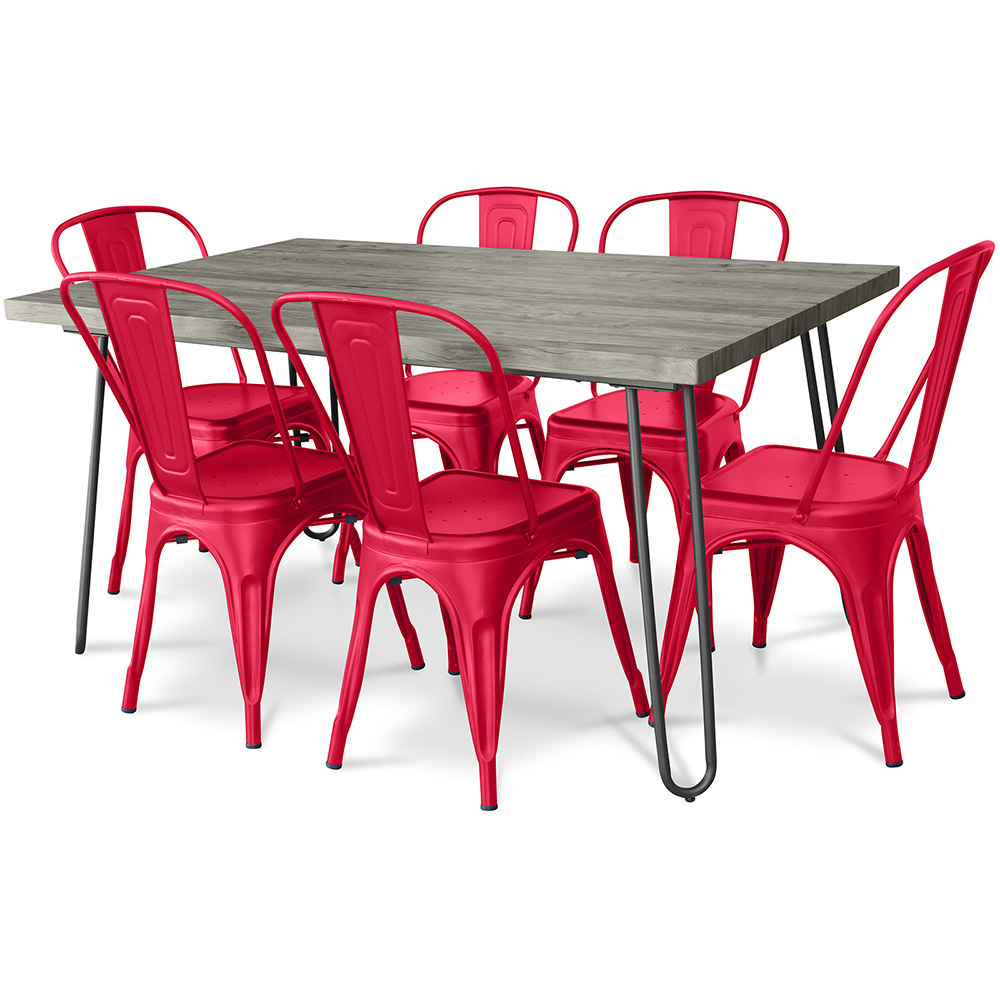  Buy Pack Dining Table - Industrial Design 150cm + Pack of 6 Dining Chairs - Industrial Design - Hairpin Stylix Red 59924 - in the EU