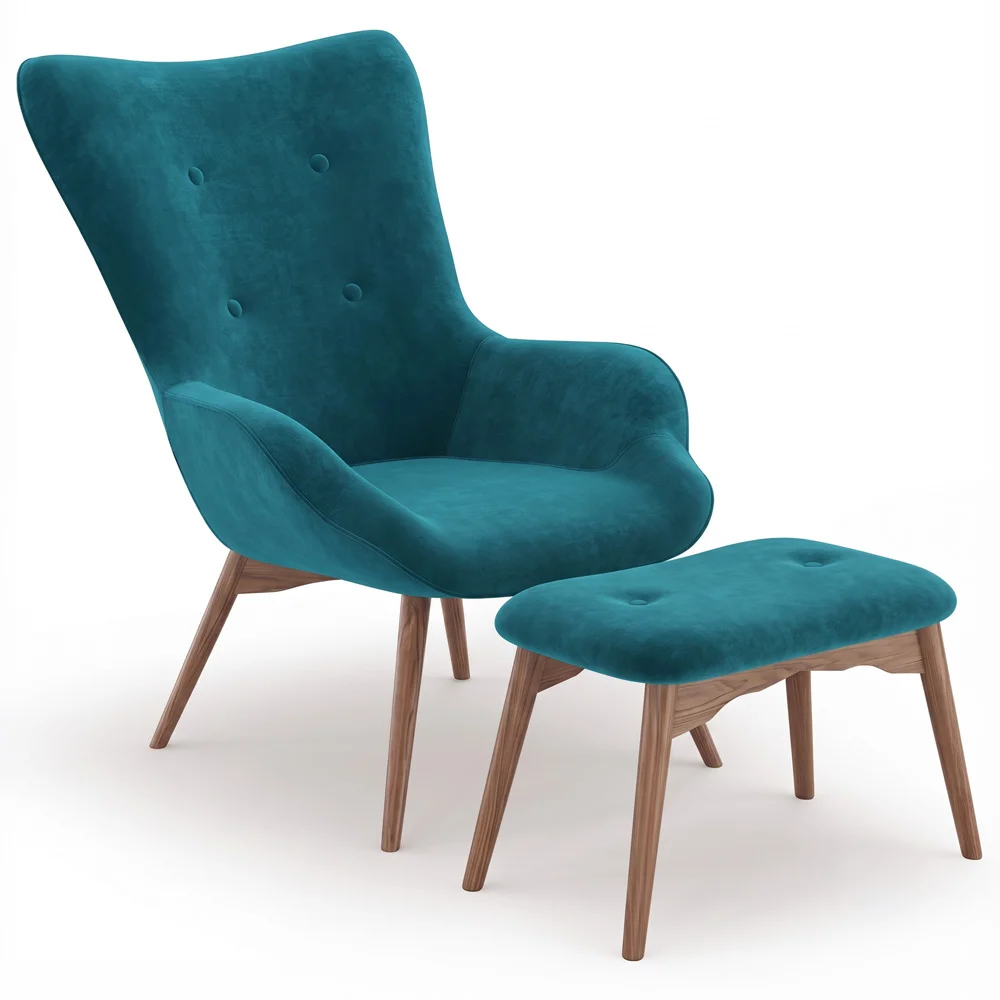 Armchair with Footrest - Upholstered in Velvet - Scandinavian Style - Huda image 8