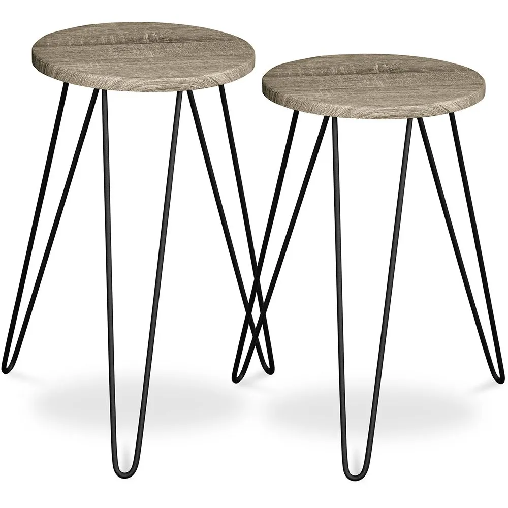 Set of 2 Side Tables - Industrial Design - Wood and Metal - Hairpin image 8