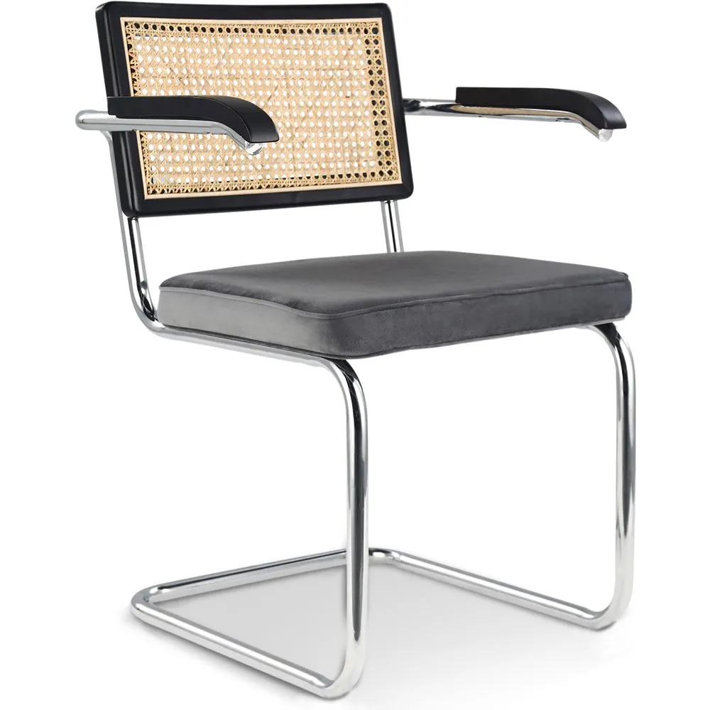 Wooden Dining Chair with Armrests - Velvet Upholstery - Wood & Rattan - Hyre image 8
