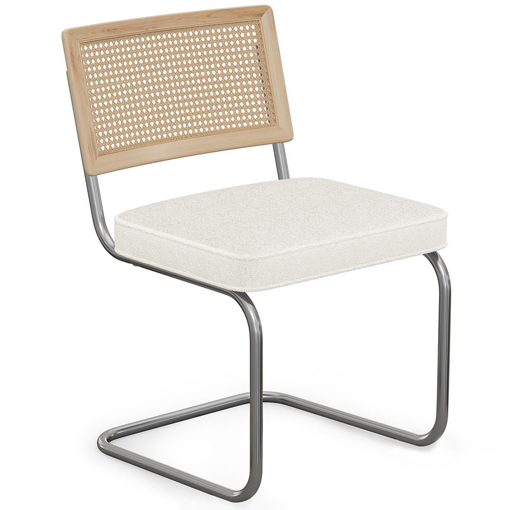  Buy Dining Chair with Armrests - Upholstered in Bouclé Fabric - Wood and Rattan - Birey White 60537 - in the EU