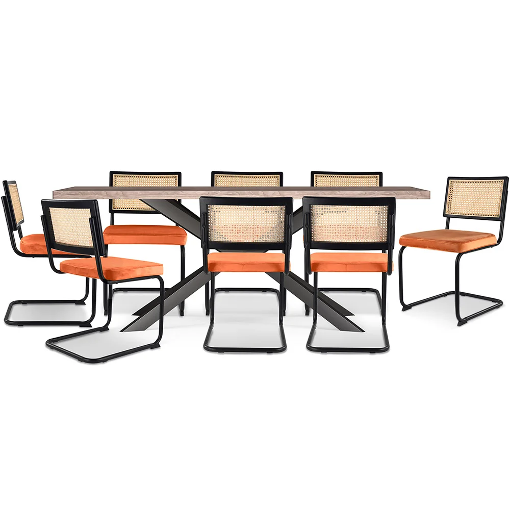 Pack Industrial Design Wooden Dining Table (200cm) & 8 Rattan Dining Chairs - Upholstered in Velvet - Puila image 8