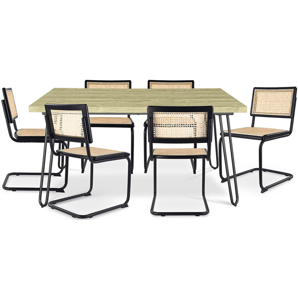  Buy Pack Industrial Design Dining Table 150cm & 6 Rattan Dining Chairs - Bastral Black 60578 - in the EU