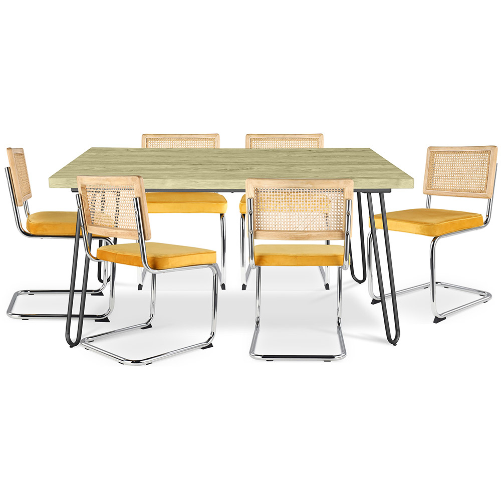  Buy Pack Industrial Design Dining Table 150cm & 6 Rattan Dining Chairs - Velvet Upholstery - Martha Mustard 60581 - in the EU