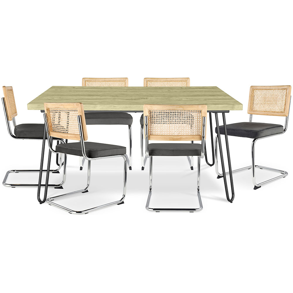  Buy Pack Industrial Design Dining Table 150cm & 6 Rattan Dining Chairs - Velvet Upholstery - Martha Dark grey 60581 - in the EU