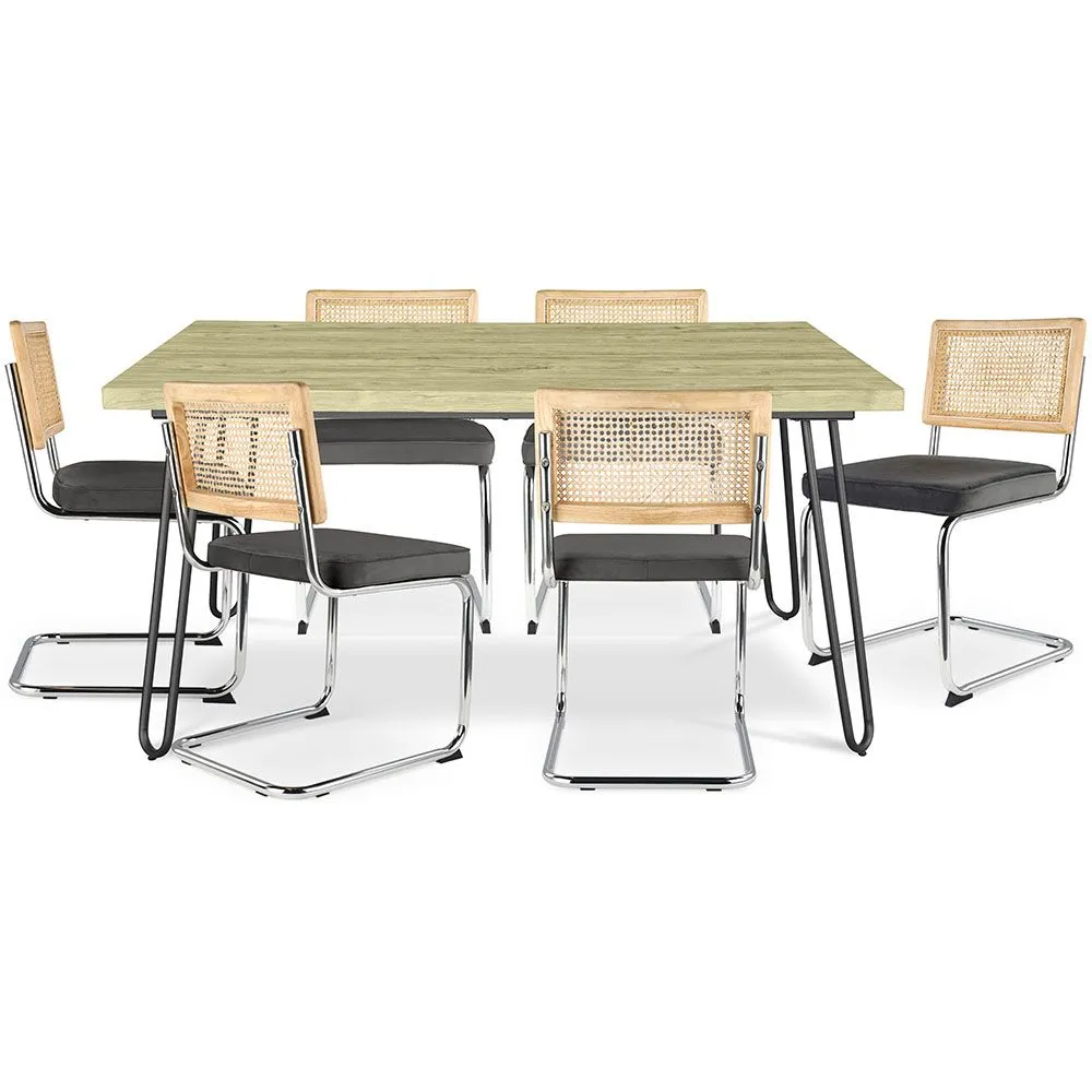 Pack Industrial Design Dining Table 150cm & 6 Rattan Dining Chairs - Velvet Upholstery - Martha image 8