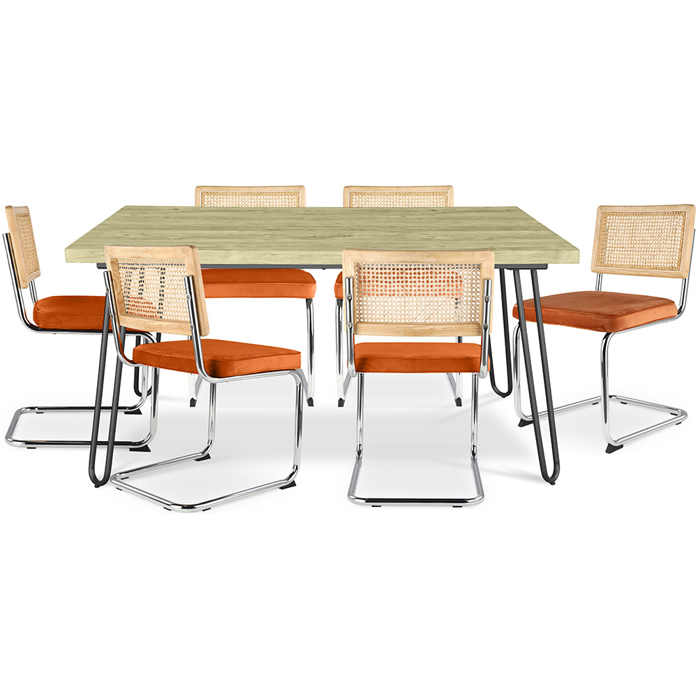  Buy Pack Industrial Design Dining Table 150cm & 6 Rattan Dining Chairs - Velvet Upholstery - Martha Reddish orange 60581 - in the EU