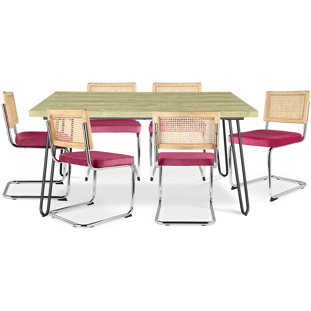  Buy Pack Industrial Design Dining Table 150cm & 6 Rattan Dining Chairs - Velvet Upholstery - Martha Fuchsia 60581 - in the EU