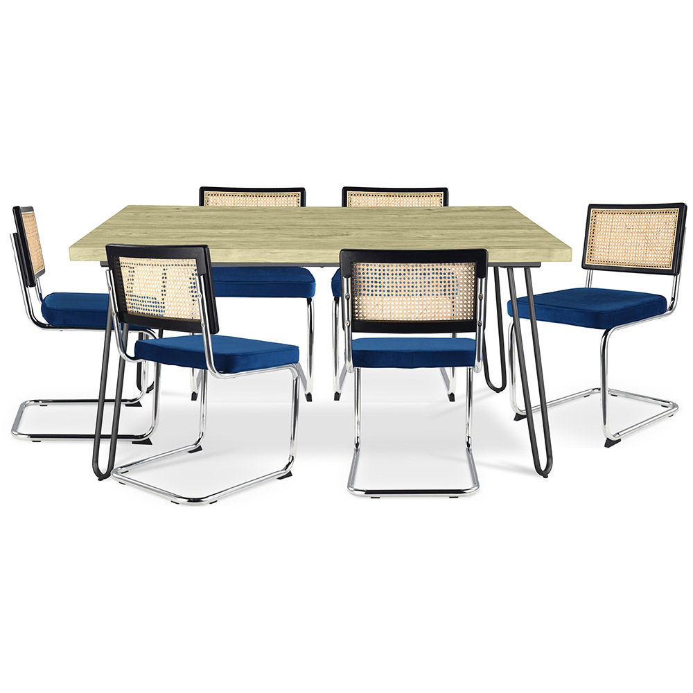  Buy Pack Industrial Design Dining Table 150cm & 6 Rattan Dining Chairs - Velvet Upholstery - Hyre Dark blue 60582 - in the EU