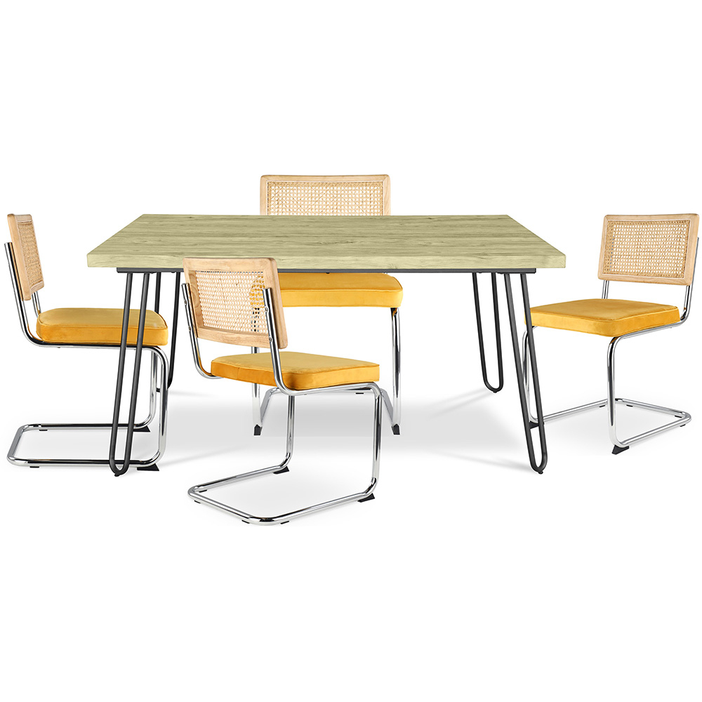  Buy Pack Industrial Design Dining Table 120cm & 4 Rattan Dining Chairs - Velvet Upholstery - Martha Mustard 60587 - in the EU