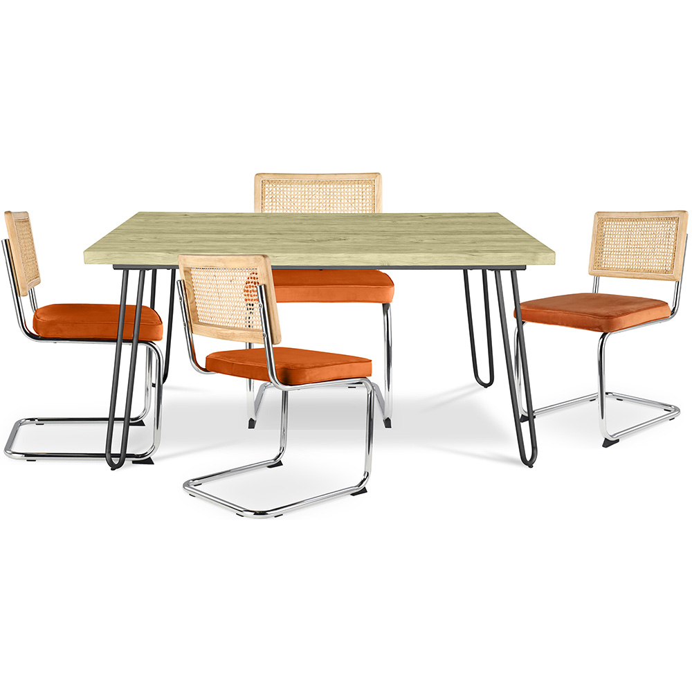  Buy Pack Industrial Design Dining Table 120cm & 4 Rattan Dining Chairs - Velvet Upholstery - Martha Reddish orange 60587 - in the EU