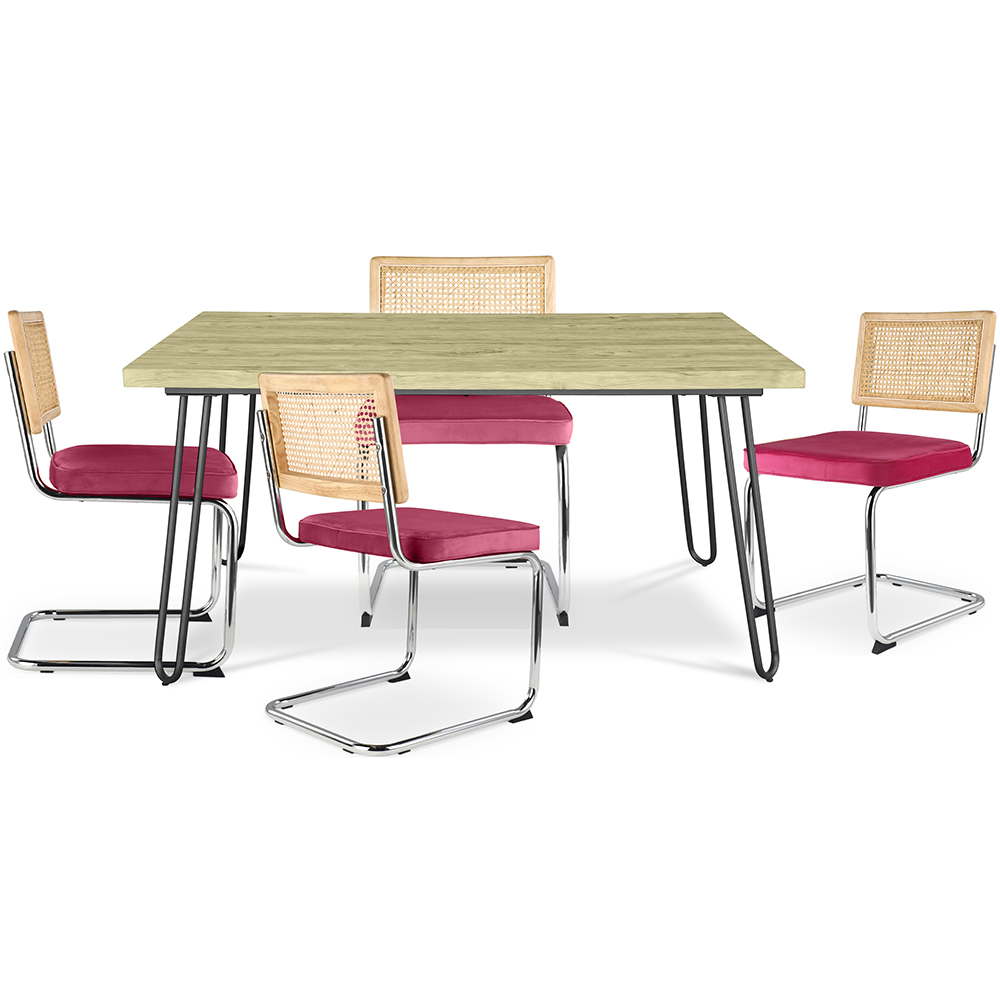  Buy Pack Industrial Design Dining Table 120cm & 4 Rattan Dining Chairs - Velvet Upholstery - Martha Fuchsia 60587 - in the EU