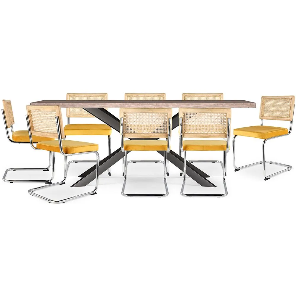 Pack Industrial Design Wooden Dining Table (200cm) & 8 Rattan Dining Chairs - Upholstered in Velvet - Martha image 8