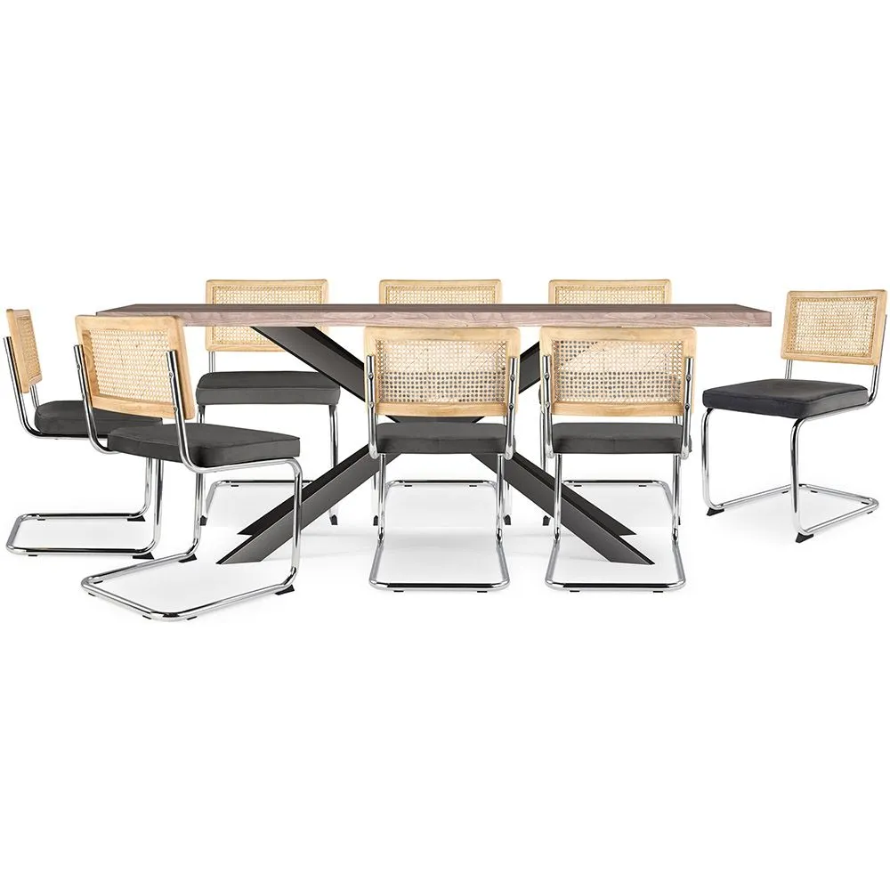 Pack Industrial Design Wooden Dining Table (200cm) & 8 Rattan Dining Chairs - Upholstered in Velvet - Martha image 8