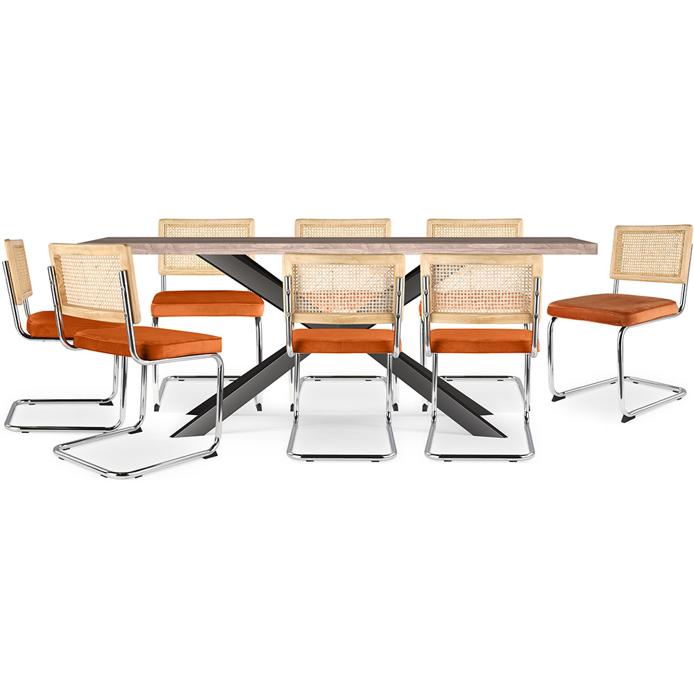  Buy Pack Industrial Design Wooden Dining Table (200cm) & 8 Rattan Dining Chairs - Upholstered in Velvet - Martha Reddish orange 60593 - in the EU