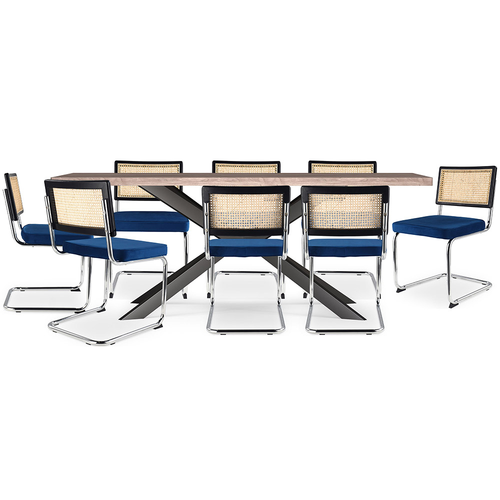  Buy Pack Industrial Design Wooden Dining Table (200cm) & 8 Rattan Dining Chairs - Velvet Upholstery - Hyre Dark blue 60594 - in the EU