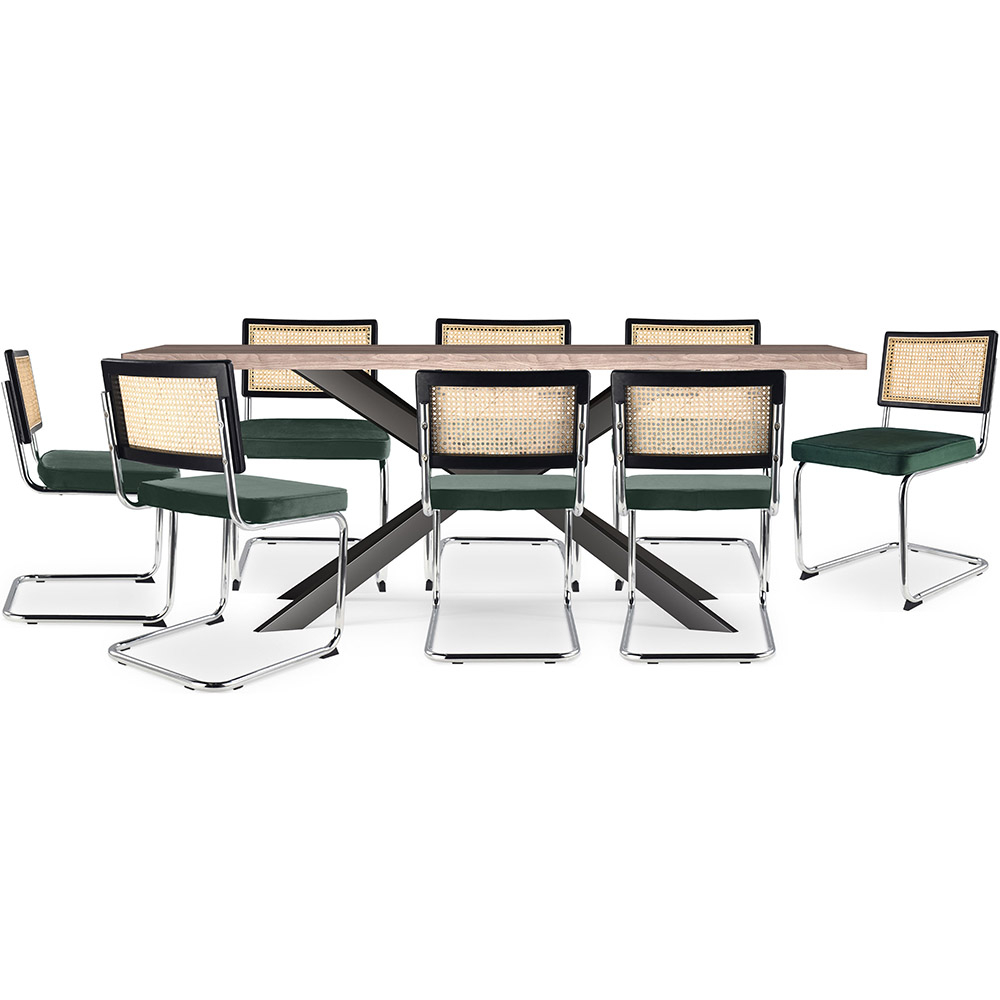  Buy Pack Industrial Design Wooden Dining Table (200cm) & 8 Rattan Dining Chairs - Velvet Upholstery - Hyre Dark green 60594 - in the EU