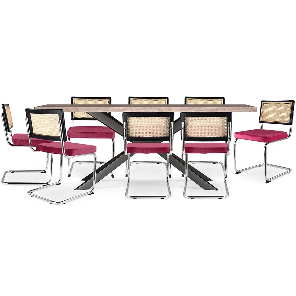 Pack Industrial Design Wooden Dining Table (200cm) & 8 Rattan Dining Chairs - Velvet Upholstery - Hyre image 8