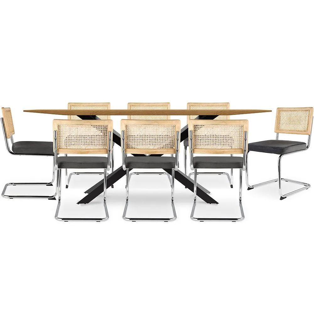Pack Industrial Design Wooden Dining Table (220cm) & 8 Rattan Dining Chairs - Velvet Upholstery - Martha image 8