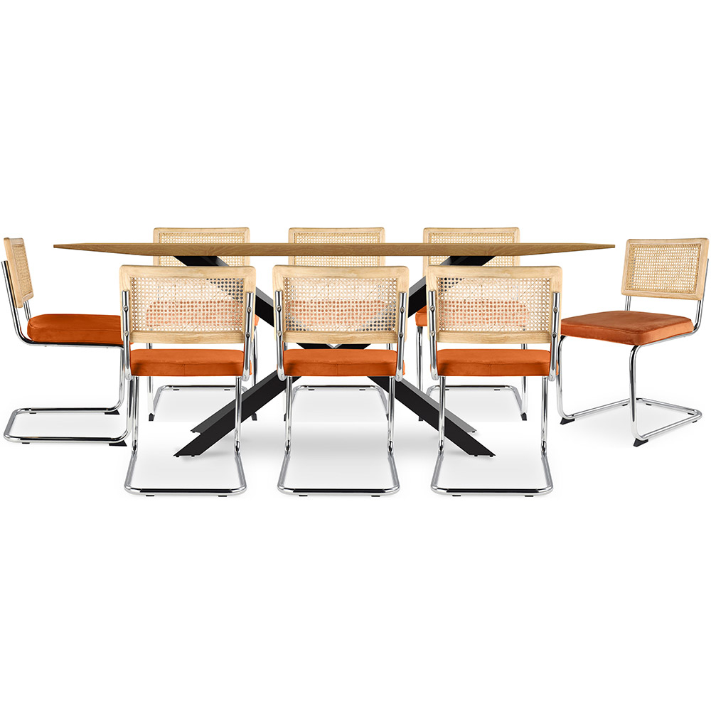  Buy Pack Industrial Design Wooden Dining Table (220cm) & 8 Rattan Dining Chairs - Velvet Upholstery - Martha Reddish orange 60596 - in the EU