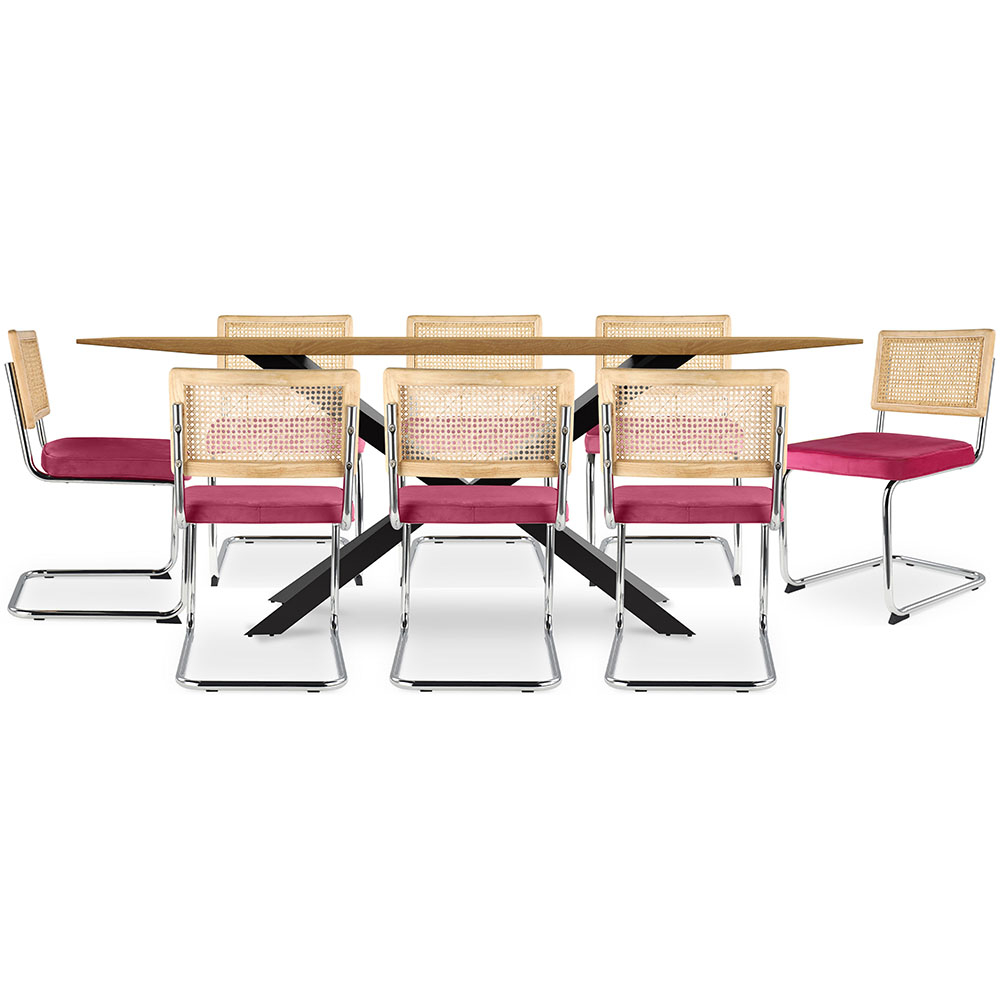  Buy Pack Industrial Design Wooden Dining Table (220cm) & 8 Rattan Dining Chairs - Velvet Upholstery - Martha Fuchsia 60596 - in the EU
