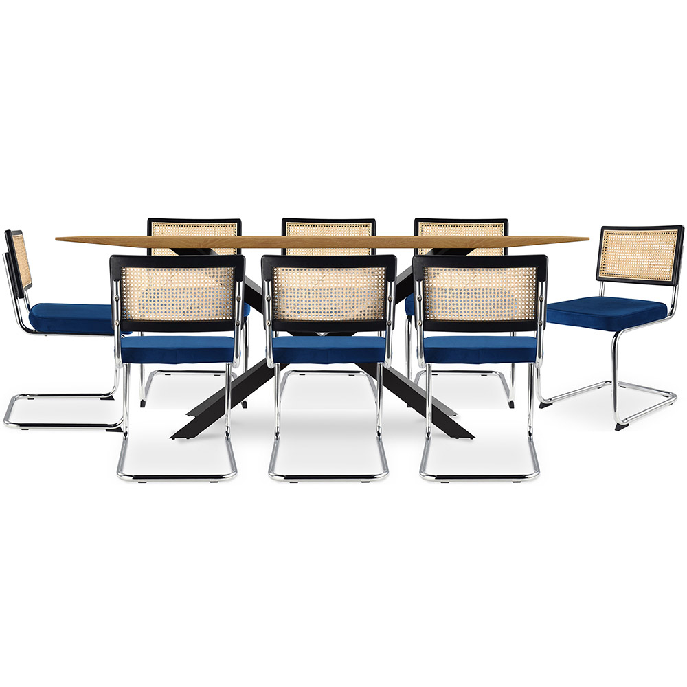  Buy Pack Industrial Design Wooden Dining Table (220cm) & 8 Rattan Dining Chairs - Velvet Upholstery - Hyre Dark blue 60597 - in the EU