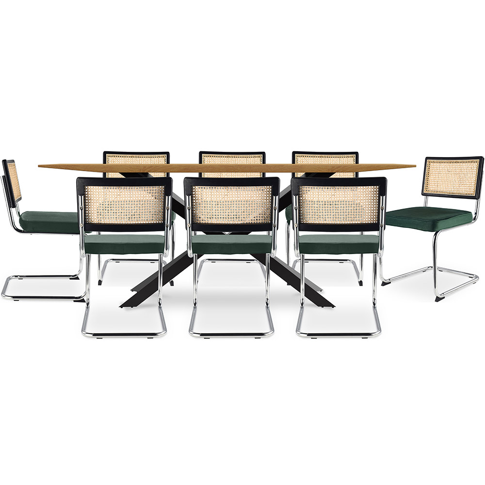  Buy Pack Industrial Design Wooden Dining Table (220cm) & 8 Rattan Dining Chairs - Velvet Upholstery - Hyre Dark green 60597 - in the EU