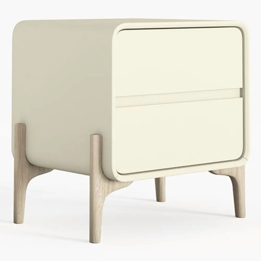 Modern Scandi nightstand covered in faux leather with 2 drawers and natural wood legs - Bennis image 8