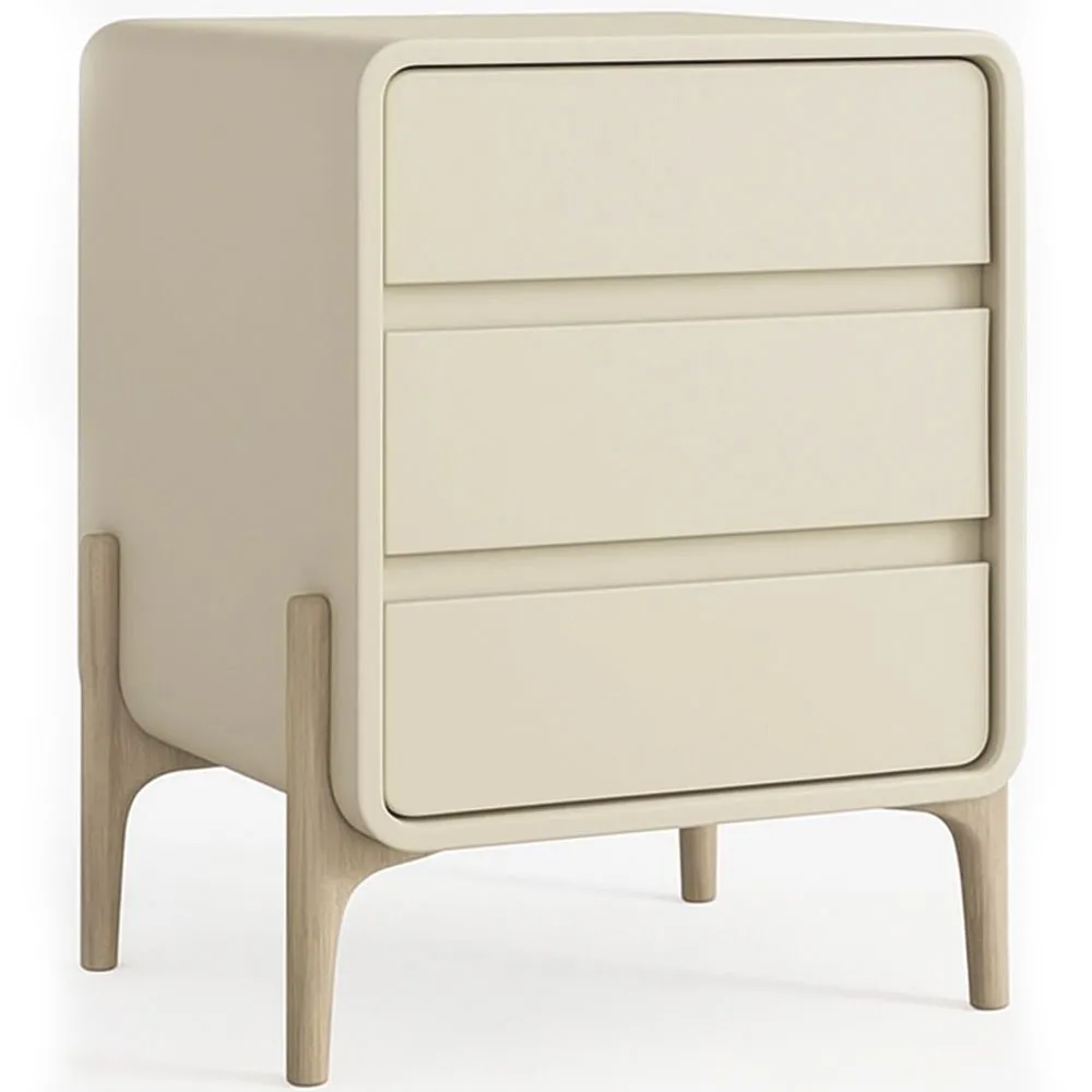 Modern Scandi nightstand covered in faux leather with 3 drawers and natural wood legs - Bennis image 8