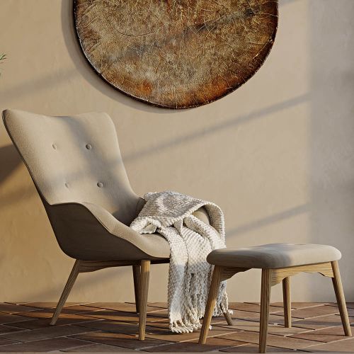 Armchair with Footrest Upholstered in Linen Huda